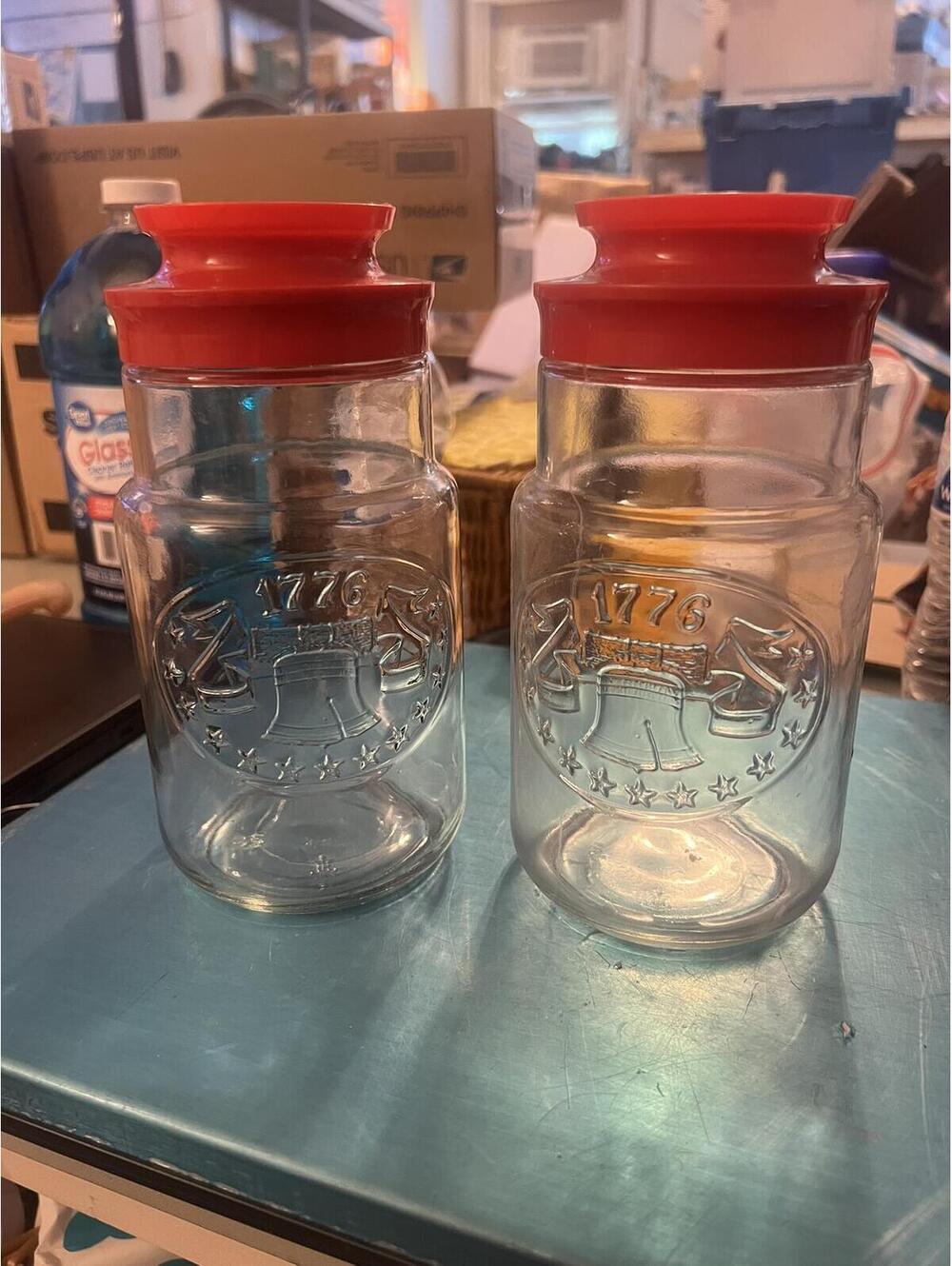 Set of 2 Clear Glass Storage Jars with Red Lids